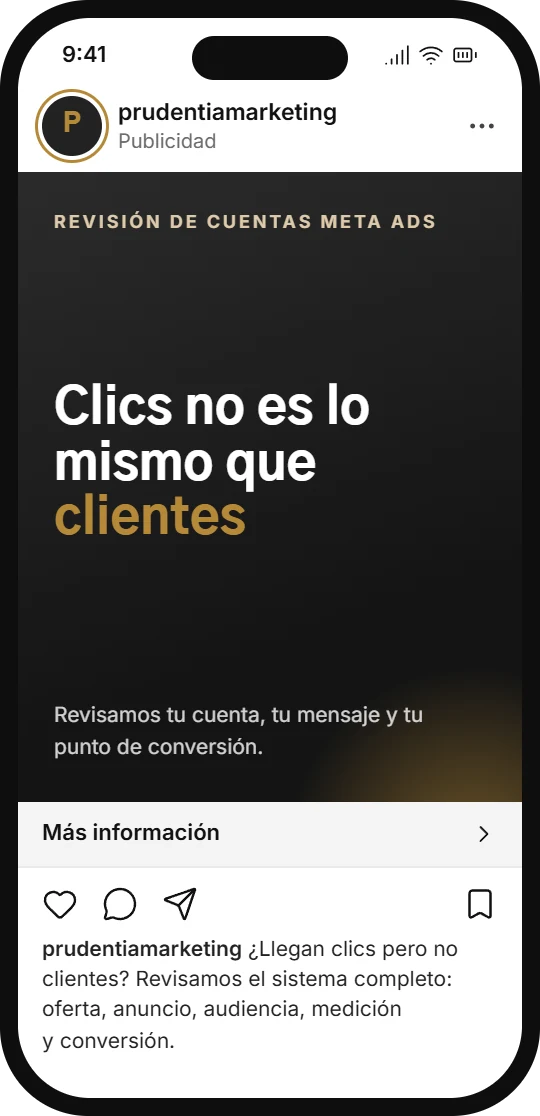 Móvil con un anuncio de Prudentia en el feed de Instagram: «Clics no es lo mismo que clientes»